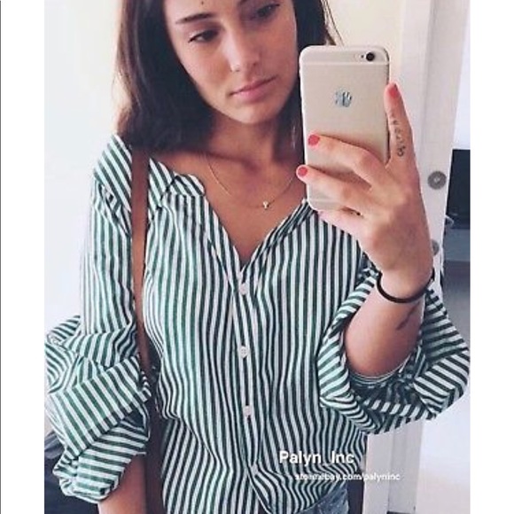 NWT Zara Green White Striped Open Neck Button Down - Picture 5 of 8